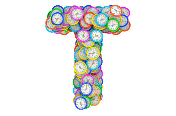 字母T来自彩色挂钟，3D渲染孤立在白色背景上图片下载