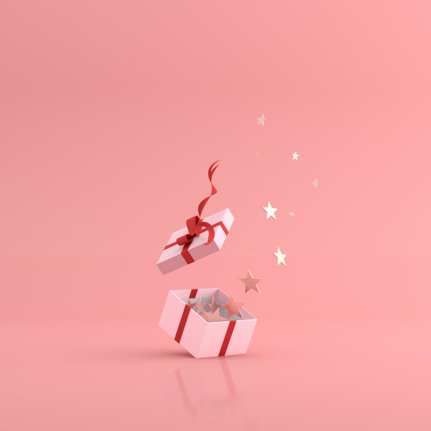 从礼盒里飘出来的金色星星的模型。3 d渲染。图片下载