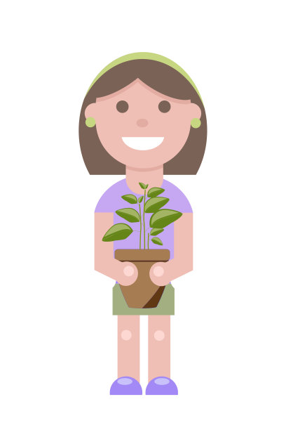 快乐的年轻女孩与一盆植物在一个平坦的阶梯孤立在白色的背景。家庭园艺的概念。向量的简单说明。可用作为图标或符号。装饰元素。图片下载