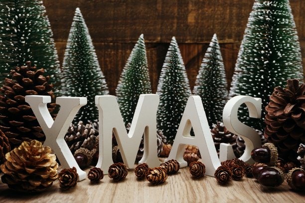 圣诞快乐节日圣诞背景概念装饰与圣诞树和松果木制的背景图片下载