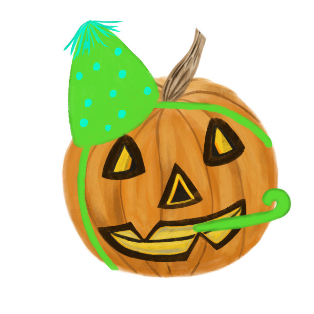 万圣节南瓜灯南瓜在绿色的庆祝帽孤立上白色。万圣节的象征。贴纸，孩子，文具，杯子设计图片下载