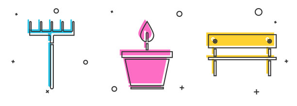 在花盆和长凳上设置花园耙植物图标图片下载