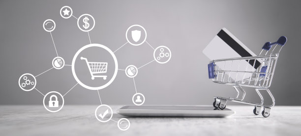 带有网络的购物车。平板电脑、购物车和信用卡。购物图片下载