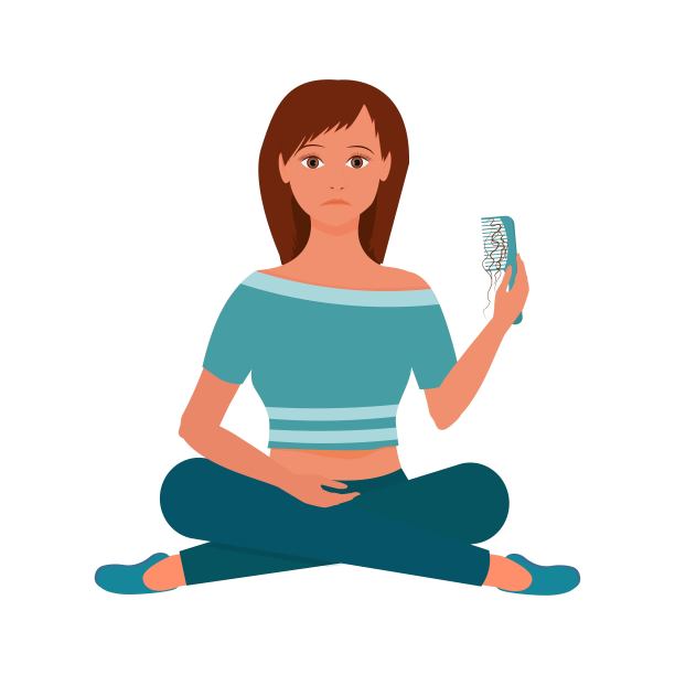 女人坐着和拿着发刷与头发，悲伤与问题脱发概念孤立在白色背景股票矢量插图图片下载