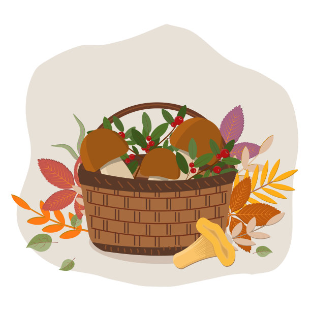 篮子与蘑菇和浆果的背景秋天的叶子，颜色矢量插图，剪纸，设计，装饰，图标，标志，草图，横幅，标志图片下载