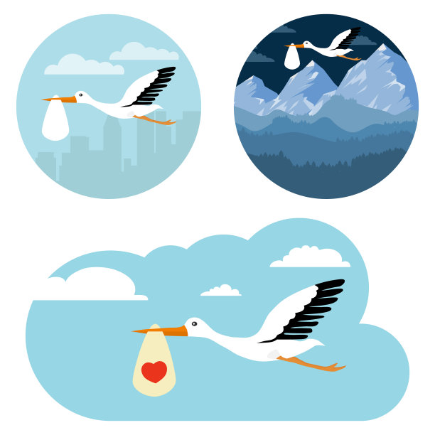 鹳叼着一个婴儿在它的嘴，一套旗帜的鹳抱着一个婴儿在城市景观的背景。向量,卡通插图。向量。图片下载