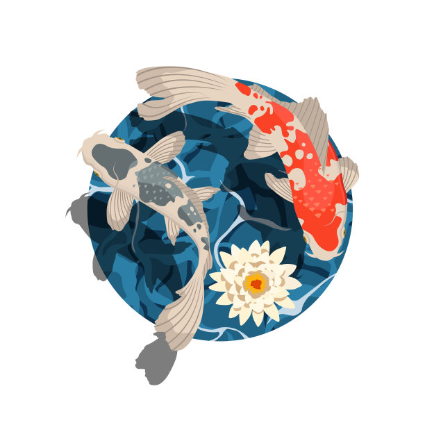 芙蓉锦鲤。彩色矢量平面卡通插图。图片下载