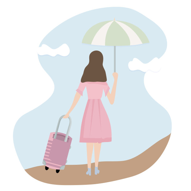 优雅的女孩带着行李箱踏上了迎接冒险的旅程。穿着漂亮的裙子，高跟鞋，撑着伞挡着太阳。在蓝天白云的衬托下。图片下载