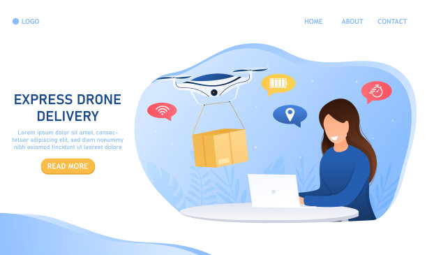 无人驾驶飞机交付的概念。女孩用笔记本电脑进行网上订购和空运。这架四轴飞行器将包裹传送得又快又安全。未来技术包裹装运平面矢量插图图片下载