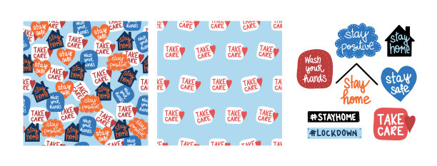 冠状病毒Covid-19两种模式、字母和图标集。无缝矢量背景贴纸呆在家里，洗手，保重和其他人。矢量插图。图片下载