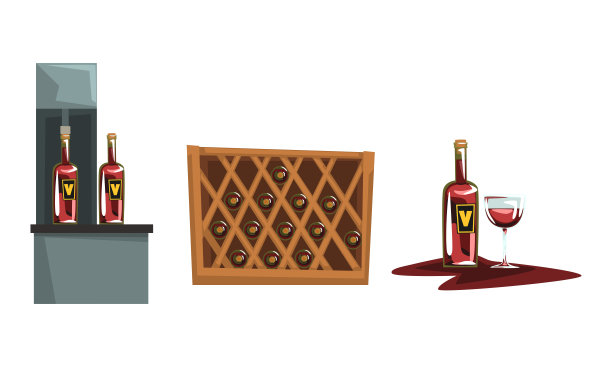 葡萄酒生产过程，装瓶和储存葡萄酒卡通风格矢量插图图片下载