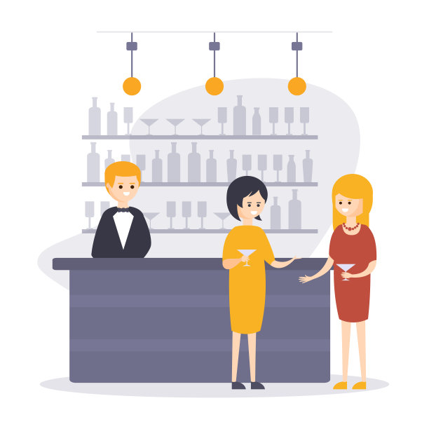 两个女人喝鸡尾酒在吧台与调酒师制作饮料，餐厅内部在酒店卡通矢量插图图片下载