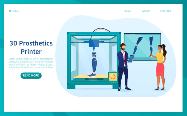 一组科学家用3D打印机打印出一条假腿。打印假肢原型的现代医疗技术。完美的着陆或网页设计。平面向量插图图片下载