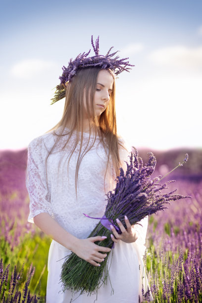 美丽女人的肖像在浪漫的薰衣草田图片下载
