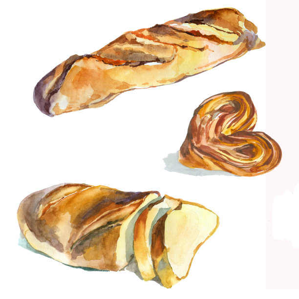 水彩白面包孤立的白色集。图片下载