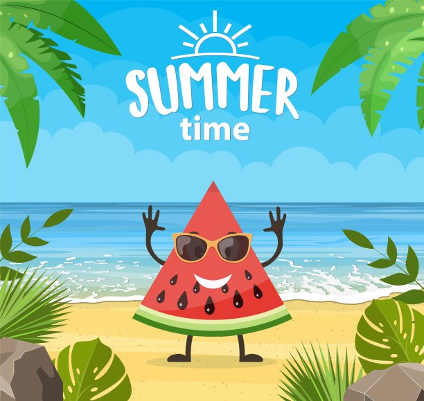 有趣的夏季横幅与水果的字符。图片下载
