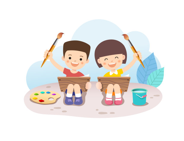 儿童艺术教育，可爱的孩子在户外画画。白色背景，矢量插图。图片下载