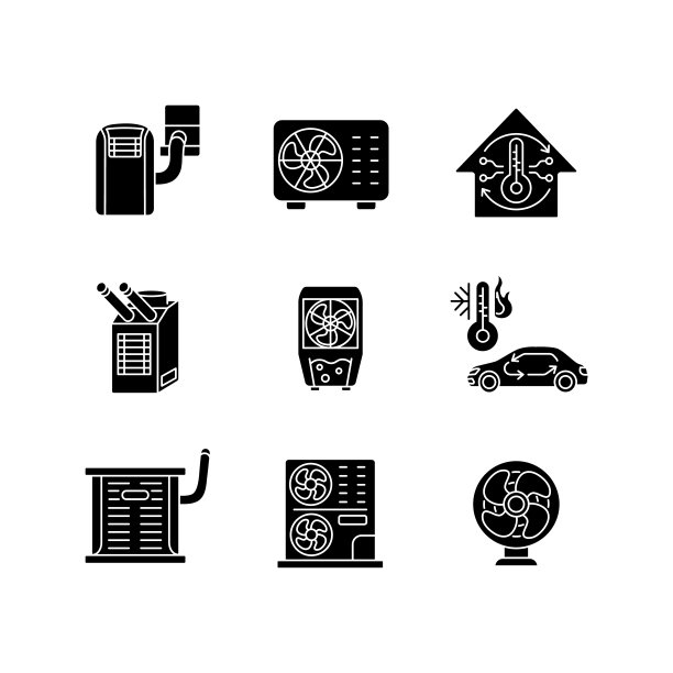 空气冷却和加热黑色象形图标设置在空白图片下载
