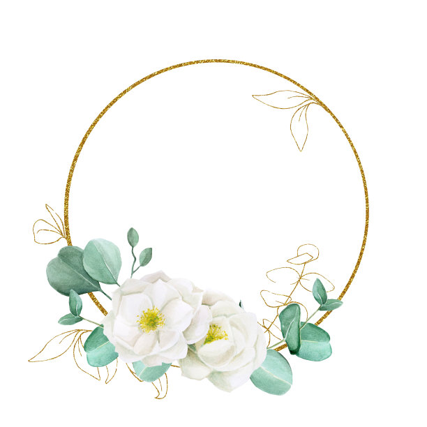 金色圆形框架，水彩画牡丹花，玫瑰果和桉树叶。复古设计的邀请，贺卡，婚礼。孤立在白色背景上。香水和化妆品标志图片下载