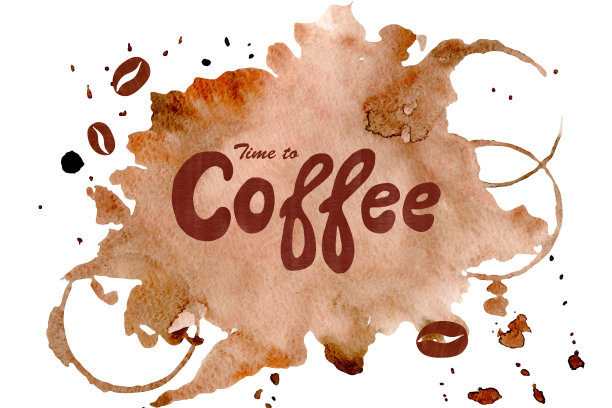 国际咖啡日卡片设计。水彩棕色斑点与字母孤立的白色背景。手画插图。图片下载