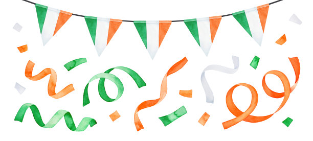 水彩画的节日三色旗旗和许多飞行的党streamers。橙色、绿色和白色。手绘水彩画，裁剪剪贴艺术元素设计装饰。图片下载