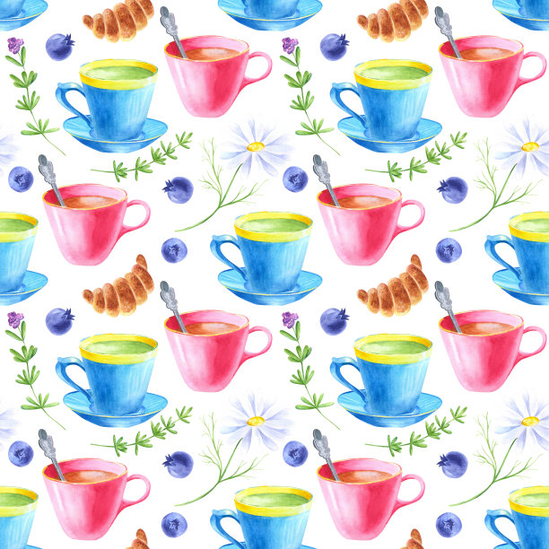 水彩无缝图案与茶元素图片下载