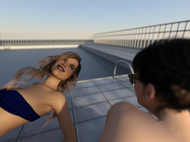 两个女人在游泳池旁边聊天的插图图片下载