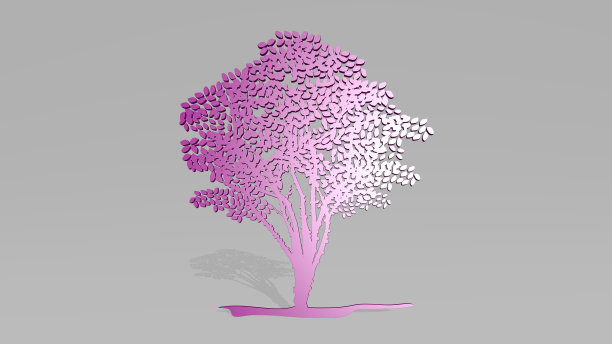 从一个有阴影的角度看树。一个用金属材料制作的厚雕塑的3D渲染。背景和圣诞节图片下载