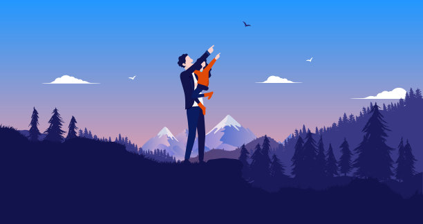 爸爸和女儿在户外开阔的风景中指着天空图片下载