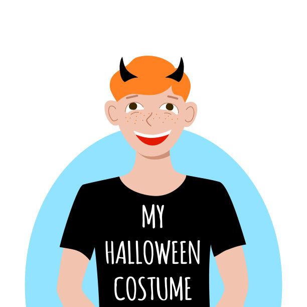 红头发的男孩穿着一件T恤，上面写着“我的万圣节服装”，头上有角。狂欢派对。社交媒体的阿凡达。股票矢量手绘平面插图孤立在白色。图片下载