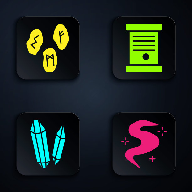 设置魔法雾或烟，魔法符文，魔法石和法令，纸，羊皮纸，卷轴。黑色方形按钮。向量图片下载