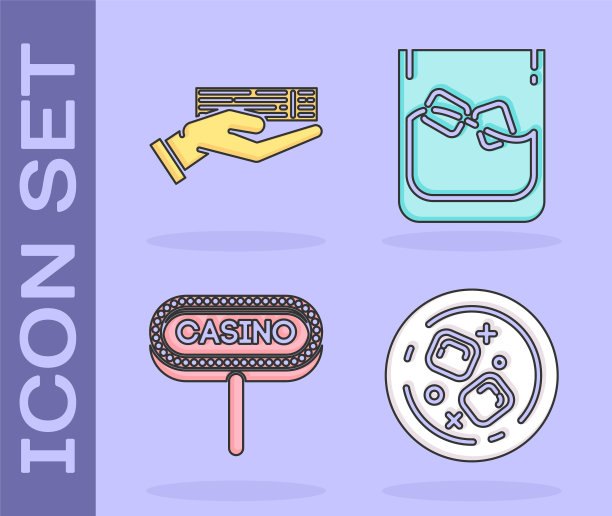 设置杯子的威士忌和冰块，手握扑克，赌场招牌和杯子的威士忌和冰块图标。向量图片下载