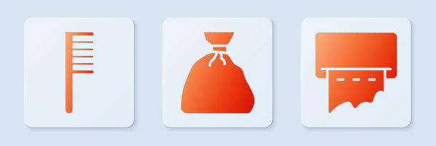 将垃圾袋、梳子和纸巾盒放在墙上。白色正方形按钮。向量图片下载