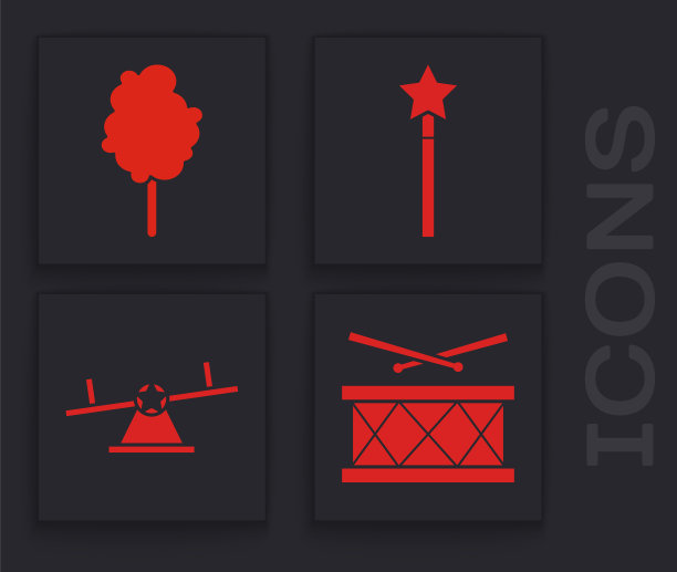 设置鼓与鼓棒，棉花糖，魔术棒和跷跷板图标。向量图片下载