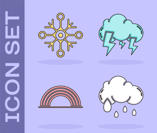 设置云与雨，雪花，彩虹与云和风暴图标。向量图片下载