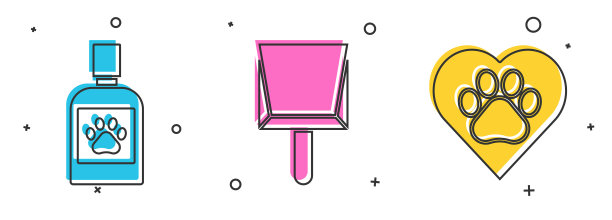 设置狗药瓶，畚箕和心脏与动物足迹图标。向量图片下载
