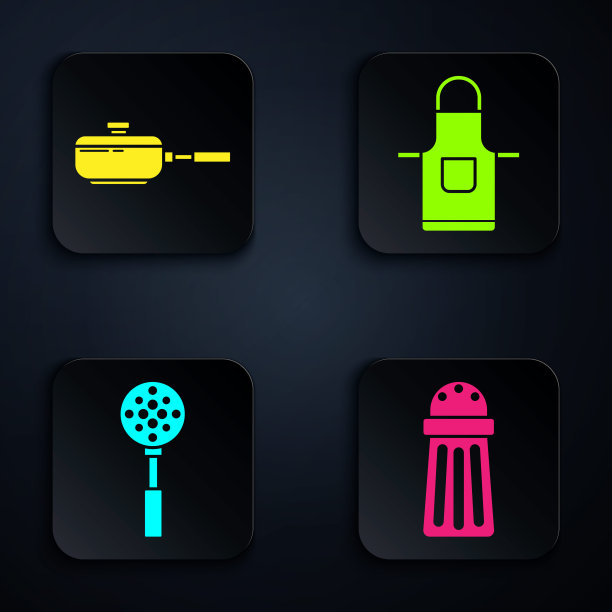 设置盐，煎锅，锅铲和厨房围裙。黑色方形按钮。向量图片下载