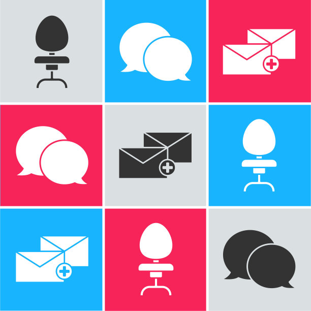 设置办公椅，语音气泡聊天和信封图标。向量图片下载