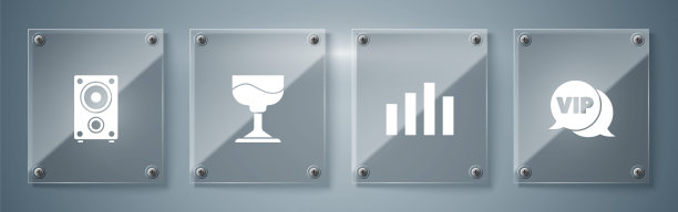 设置Vip语音泡，音乐均衡器，鸡尾酒和立体声扬声器。方形玻璃面板。向量图片下载