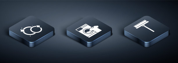 设置等距洗涤盘子，橡胶刮板，刮刀，雨刷和洗衣机和t恤图标。向量图片下载