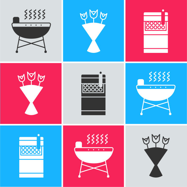 设置烧烤架，花束和打开香烟包装盒图标。向量图片下载