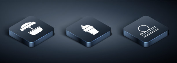 设置等距吸引力旋转木马，过山车和冰淇淋在华夫蛋筒图标。向量图片下载