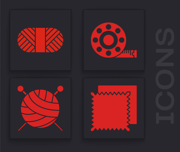 设置纺织布卷，缝纫线在线轴上，卷尺和带有针织针图标的纱线球。向量图片下载