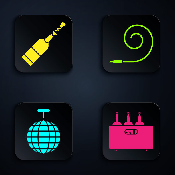 设置酒瓶在一个木制的盒子，香槟瓶，迪斯科球和生日派对号角。黑色方形按钮。向量图片下载