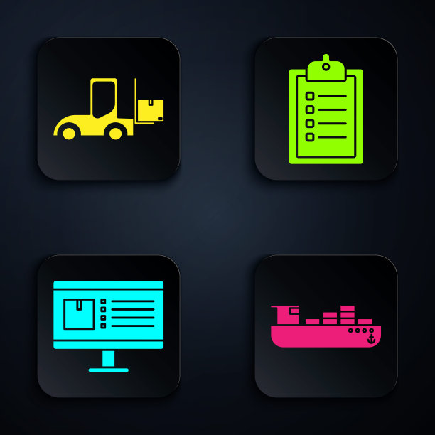 设置货轮与箱子送货服务，叉车，电脑监视器与应用程序送货跟踪和验证送货清单剪贴板。黑色方形按钮。向量图片下载
