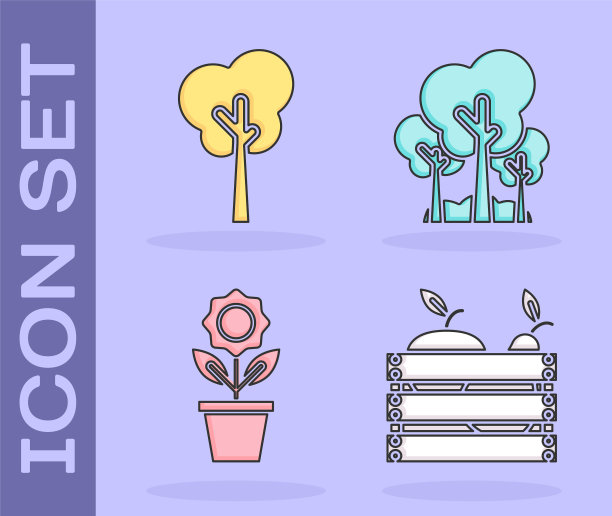 设置水果和蔬菜的木箱，树，花在锅和树图标。向量图片下载