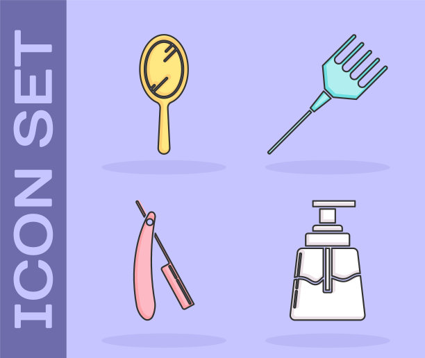 设置须后水，手镜，直剃须刀和发刷图标。向量图片下载