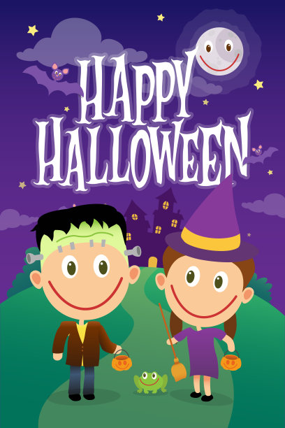 在万圣节之夜，卡通男孩和女孩装扮成弗兰肯斯坦和女巫。矢量图的明信片图片下载