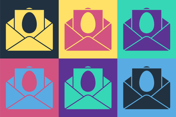 流行艺术贺卡与快乐复活节图标孤立的颜色背景。为邀请或贺卡庆祝海报模板。矢量图图片下载