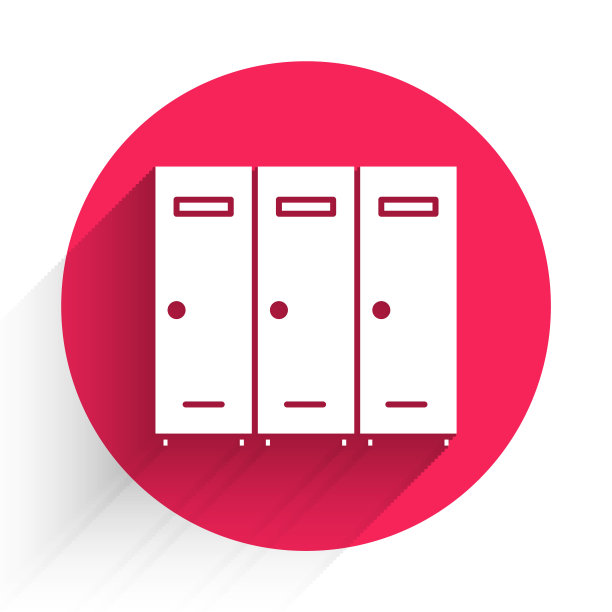 白色储物柜或更衣室的曲棍球，足球，篮球队或工人图标孤立与长影子。红色圆圈按钮。矢量图图片下载